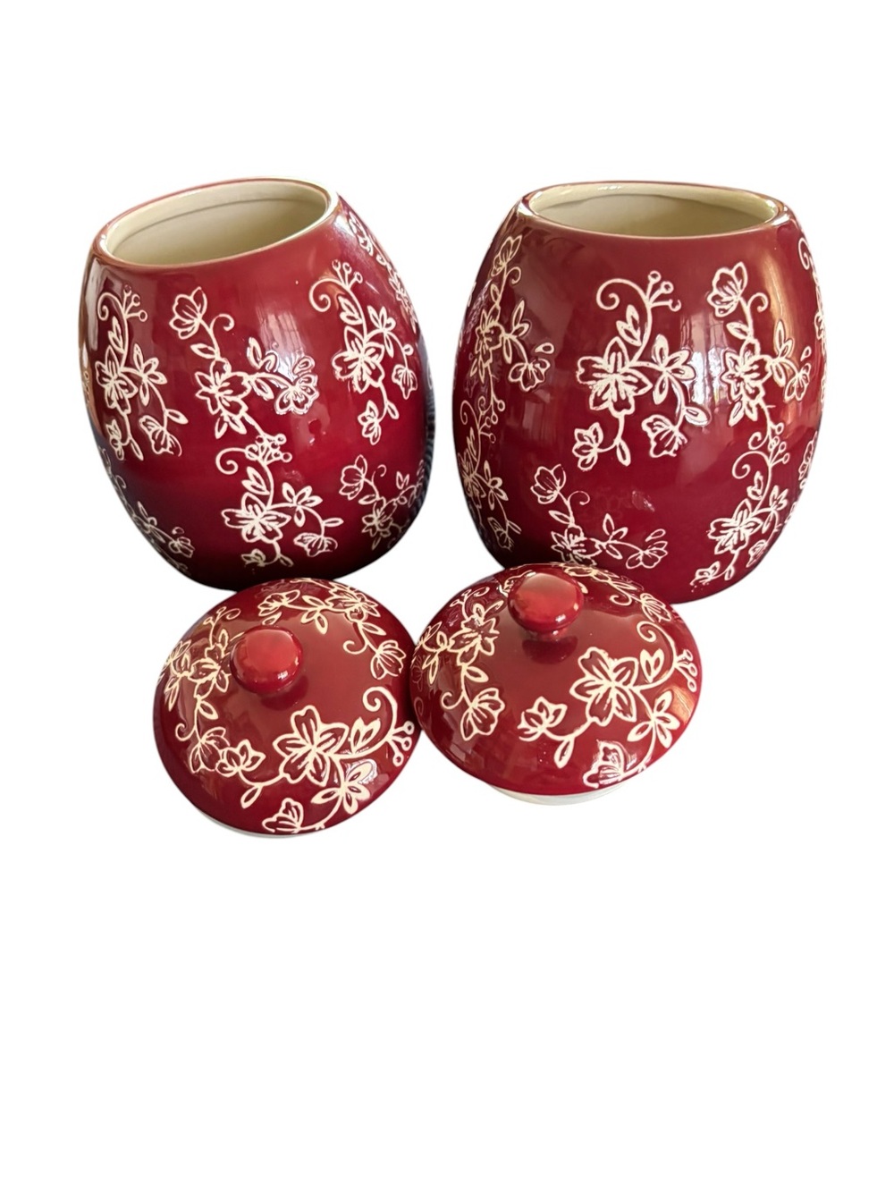 Temp-tations Floral Lace Treat Jars 18 Oz W/Lids Cranberry White Floral Pattern